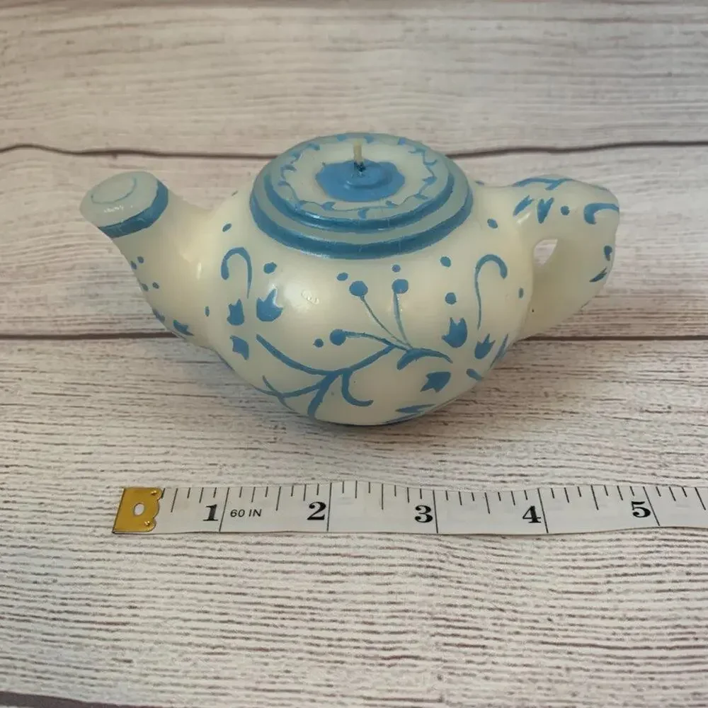 Teapot Shaped Candle White with Blue Floral Design Unlit 2 1/2